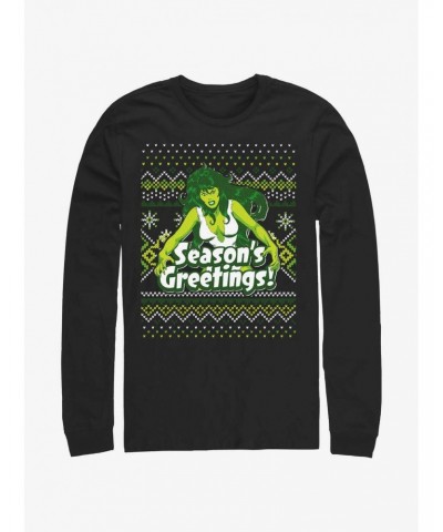 Marvel Hulk She-Hulk Season's Greetings Ugly Christmas Long-Sleeve T-Shirt $8.69 T-Shirts