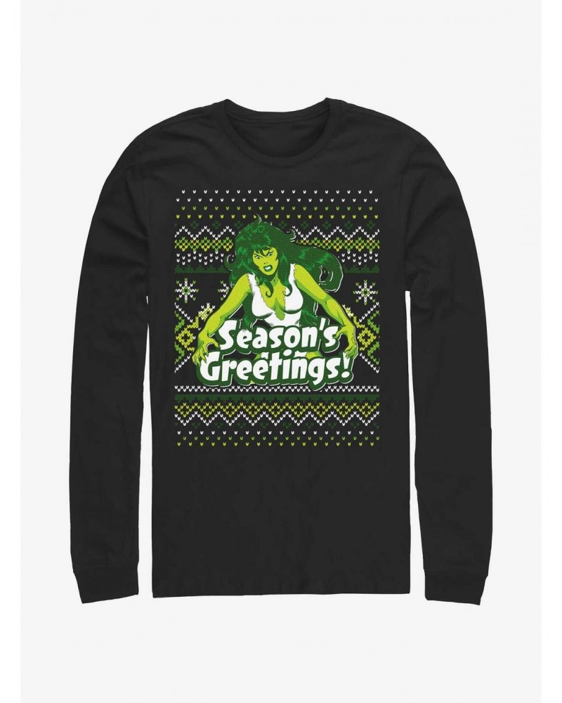 Marvel Hulk She-Hulk Season's Greetings Ugly Christmas Long-Sleeve T-Shirt $8.69 T-Shirts